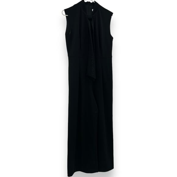 Calvin Klein Black Stretch jumpsuit Tie Neck Pockets Size 10 Wide Leg EUC - Picture 2 of 11